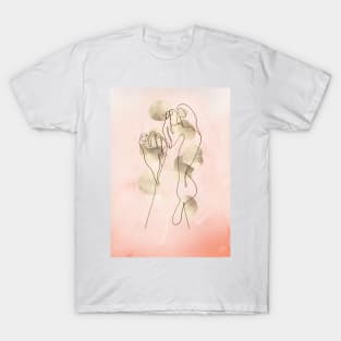 Feet line art, minimal design print, pink background and delicate foliage T-Shirt